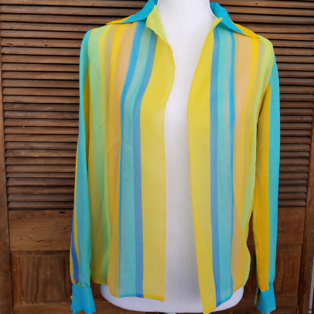 70s Brilliant Color Sheer Blouse Open Front Sz 8